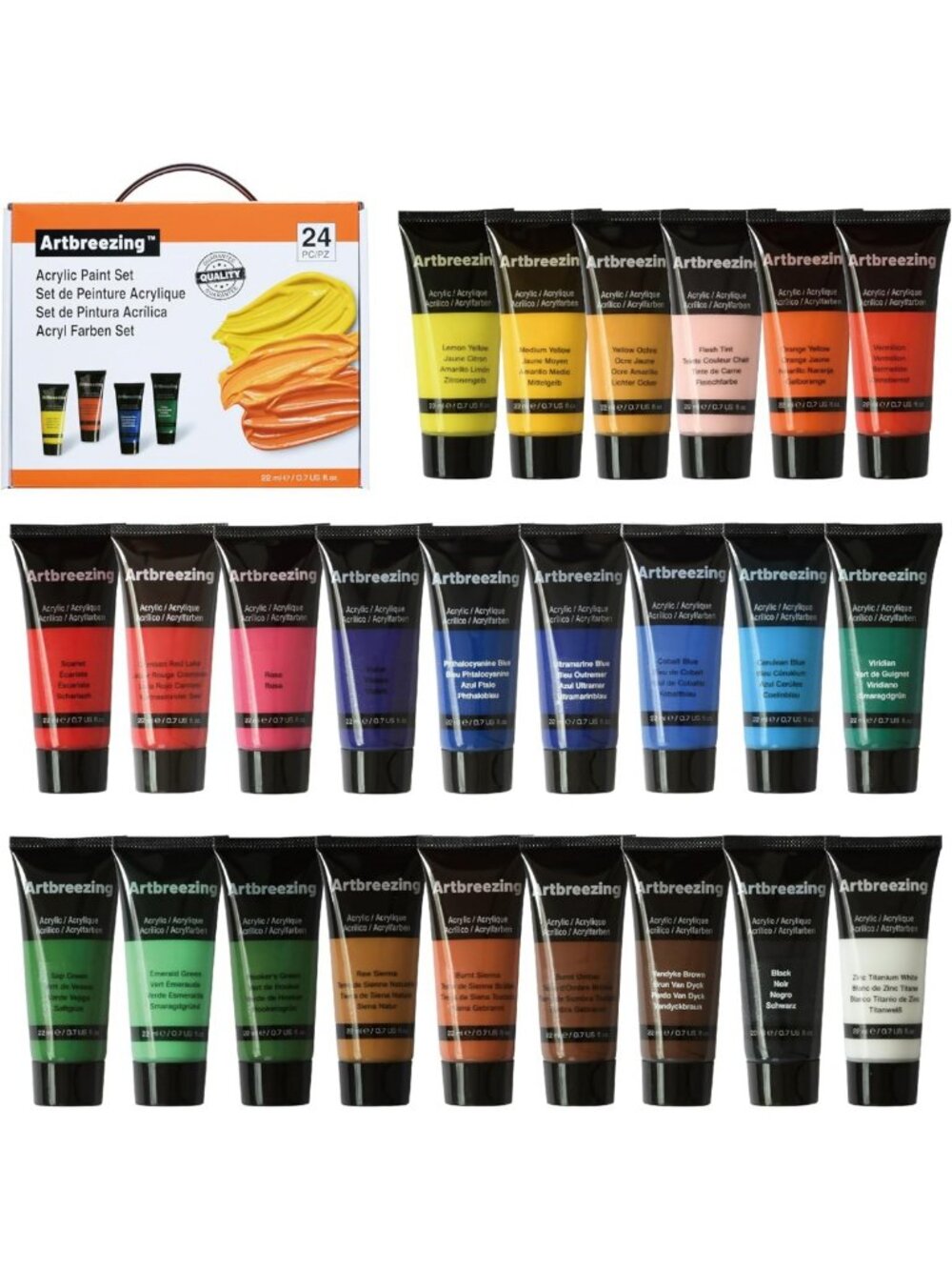 Vibrant 24-Color Acrylic Paint Set, 22ml Tubes - Perfect for Canvas, Wood